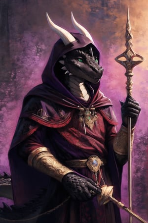 (perfect scales),(perfect eyes),(beautiful hands),a black-scaled male dragonborn with red accents holding a rapier, horns with green spots,black tunic with gold and purple embroidery,black tunic with embroidered hood in gold and purple colors,((black scales with red details)),(rapier), (Hands:1.1), ,better_hands,green-eyes,bard