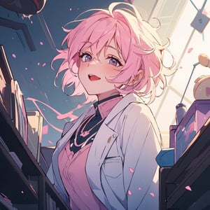 masterpiece, best quality, ultra detailed, 1 old woman, very detailed, perfect face, short hair, pastel pink hair, pink eyes (perfect female body), wearing a white lab coat, diligent student, messy hair, so happy, chemicals, dark environments, little light