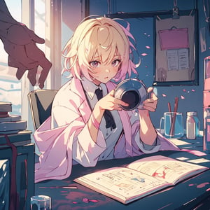 masterpiece, best quality, ultra detailed, 1 old woman, highly detailed, perfect face, short hair, semi blonde pastel pink hair, pink eyes (perfect female body), wearing a white lab coat, diligent student, messy hair, working on a table with various chemicals, messy place, dark environments, darkness, dim light