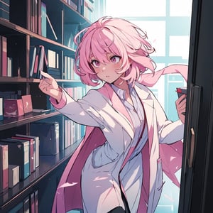 masterpiece, best quality, ultra detailed, 1 old woman, very detailed, perfect face, short hair, pale pink hair, pink eyes (perfect female body), wearing a white lab coat, diligent student, messy hair, carrying books and chemicals , walking through the dark hallway of a university dark environments, low light