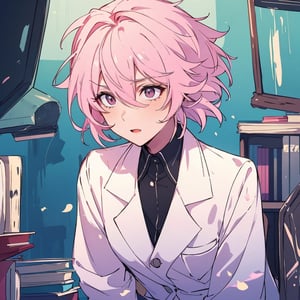 masterpiece, best quality, ultra detailed, 1 old woman, very detailed, perfect face, short hair, pastel pink hair, pink eyes (perfect female body), wearing a white lab coat, diligent student, messy hair, carrying books and chemicals, dark environments, little light