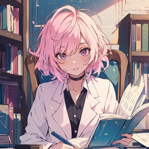 masterpiece, best quality, ultra detailed, 1 old woman, very detailed, perfect face, short hair, pastel pink hair, pink eyes (perfect female body), wearing a white lab coat, diligent student, messy hair, books and chemicals, dark environments, little light