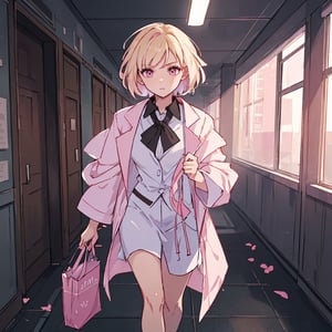 masterpiece, best quality, ultra detailed, 1 old woman, very detailed, perfect face, short hair, semi blonde pastel pink hair, pink eyes (perfect female body), wearing a white lab coat, walking down a university hallway. dark environments, darkness, dim light