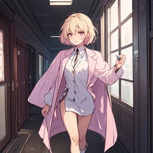 masterpiece, best quality, ultra detailed, 1 old woman, very detailed, perfect face, short hair, semi blonde pastel pink hair, pink eyes (perfect female body), wearing a white lab coat, walking down the dark hallway of a university dark environments, little light