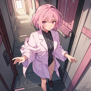 masterpiece, best quality, ultra detailed, 1 old woman, very detailed, perfect face, short hair, pastel pink hair, pink eyes (perfect female body), wearing a white lab coat, walking down the dark hallway of a university dark environments, little light