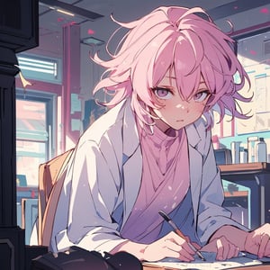 masterpiece, best quality, ultra detailed, 1 old woman, highly detailed, perfect face, short hair,  pastel pink hair, pink eyes (perfect female body), wearing a white lab coat, diligent student, messy hair, working on a table with various chemicals, messy place, dark environments, darkness, dim light