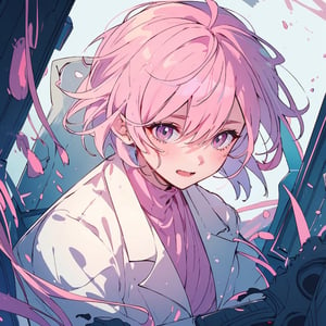 masterpiece, best quality, ultra detailed, 1 old woman, very detailed, perfect face, short hair, pastel pink hair, pink eyes (perfect female body), wearing a white lab coat, diligent student, messy hair, so happy, chemicals, dark environments, dark