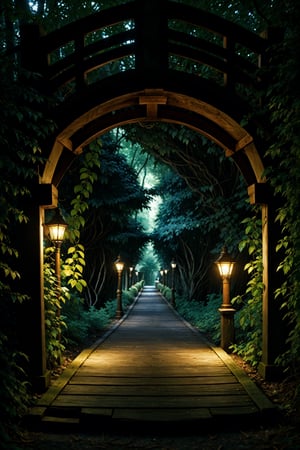 Landscape, densely wooded forest, night time, blue glowing mushrooms, wooden bridge, a lit lamppost near the bridge entrance, vines on the trees, vines on the lamp post, vines on the bridge 