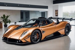 Create an engaging SHOW ROOM  image IN THE STYLE OF A Pagani Zonda A.I. DESIGNED FUTURE SUPERCAR, THIS WILL BE A A.I. DESIGNED FUTURE SUPERCAR, Produce a movie still-style image in RAW format with full sharpness, detailed facial features and a subtle film grain effect, resembling Fuji-film XT3s cameras. Ensure a high-quality 8k UHD resolution, taken with a DSLR in soft lighting