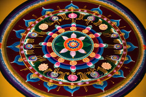 an image of A Sand mandala which  are colorful mandalas made from sand that are ritualistically destroyed. They originated in India in the 8th-12th century but are now practiced in Tibetan Buddhism.[24] Each mandala is dedicated to specific deities. In Buddhism Deities represent states of the mind to be obtained on the path to enlightenment, the mandala itself is representative of the deities palace which also represents the mind of the deity.[24] Each mandala is a pictorial representation of a tantra. for the process of making Sand mandalas they are created by monks that have trained for 3-5 years in a monastery.[25] These sand mandalas are made to be destroyed to symbolize impermanence, the Buddhist belief that death is not the end, and that one's essence will always return to the elements. It is also related to the belief that one should not become attached to anything.[26] To create these mandalas, the monks first create a sketch,[27] then take colorful sand traditionally made from powdered stones and gems into copper funnels called Cornetts[25] and gently tap sand out of them to create the sand mandala. Each color represents attributes of deities. While making the mandalas the monks will pray and meditate, each grain of sand represents a blessing.[26] Monks will travel to demonstrate this art form to people, often in museums. 