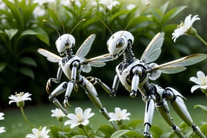 cinematic, background  blur garden with WHITE flowers, chrome robotic body metal Praying Mantises - Deadly Killers of the Insect World  RED GOLD   and black color, ONLY 4 WINGS,in motion ,16K, dangerous, ultradetailled robotic Praying Mantises  head  with mandibles, motion flying, ,chrometech ,metallic 