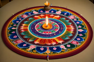 an image of A Sand mandala which  are colorful mandalas made from sand that are ritualistically destroyed. They originated in India in the 8th-12th century but are now practiced in Tibetan Buddhism.[24] Each mandala is dedicated to specific deities. In Buddhism Deities represent states of the mind to be obtained on the path to enlightenment, the mandala itself is representative of the deities palace which also represents the mind of the deity.[24] Each mandala is a pictorial representation of a tantra. for the process of making Sand mandalas they are created by monks that have trained for 3-5 years in a monastery.[25] These sand mandalas are made to be destroyed to symbolize impermanence, the Buddhist belief that death is not the end, and that one's essence will always return to the elements. It is also related to the belief that one should not become attached to anything.[26] To create these mandalas, the monks first create a sketch,[27] then take colorful sand traditionally made from powdered stones and gems into copper funnels called Cornetts[25] and gently tap sand out of them to create the sand mandala. Each color represents attributes of deities. While making the mandalas the monks will pray and meditate, each grain of sand represents a blessing.[26] Monks will travel to demonstrate this art form to people, often in museums. 