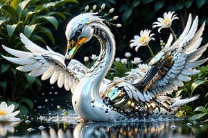 cinematic, background  blur garden with WHITE flowers, chrome robotic body metal WHITE SWAN  BIRD WHITE AND   GOLD color, ONLY 4 WINGS WHITE SWAN  ,in motion ,16K, dangerous, ultradetailled robotic   head  with mandibles, motion flying, ,chrometech ,metallic 