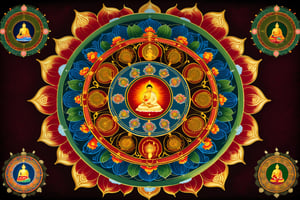 an image of A mandala One well-known type of mandala is the mandala of the "Five Buddhas", archetypal Buddha forms embodying various aspects of enlightenment. Such Buddhas are depicted depending on the school of Buddhism, and even the specific purpose of the mandala. A common mandala of this type is that of the Five Wisdom Buddhas (a.k.a. Five Jinas), the Buddhas Vairocana, Aksobhya, Ratnasambhava, Amitabha and Amoghasiddhi. When paired with another mandala depicting the Five Wisdom Kings, this forms the Mandala of the Two Realms. 