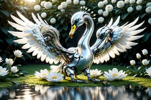 cinematic, background  blur garden with WHITE flowers, chrome robotic body metal WHITE SWAN  BIRD WHITE AND   GOLD color, ONLY 4 WINGS WHITE SWAN  ,in motion ,16K, dangerous, ultradetailled robotic   head  with mandibles, motion flying, ,chrometech ,metallic 