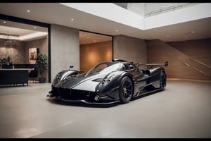 Create an engaging SHOW ROOM  image IN THE STYLE OF A BLACK Pagani Zonda A.I. DESIGNED FUTURE SUPERCAR, THIS WILL BE A A.I. DESIGNED FUTURE SUPERCAR, ((NO WING MIRRORS)) Produce a movie still-style image in RAW format with full sharpness, detailed facial features and a subtle film grain effect, resembling Fuji-film XT3s cameras. Ensure a high-quality 8k UHD resolution, taken with a DSLR in soft lighting