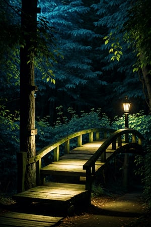 Landscape, densely wooded forest, night time, blue glowing mushrooms, wooden bridge, a lit lamppost near the bridge entrance, vines on the trees, vines on the lamp post, vines on the bridge 