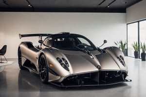 Create an engaging SHOW ROOM  image IN THE STYLE OF A Pagani Zonda A.I. DESIGNED FUTURE SUPERCAR, THIS WILL BE A A.I. DESIGNED FUTURE SUPERCAR, ((NO WING MIRRORS)) Produce a movie still-style image in RAW format with full sharpness, detailed facial features and a subtle film grain effect, resembling Fuji-film XT3s cameras. Ensure a high-quality 8k UHD resolution, taken with a DSLR in soft lighting