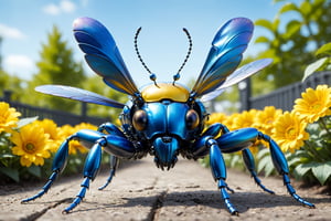 cinematic, background  blur garden with flowers, chrome robotic body metal stag beetle  BLUE YELLOW   and black color, ONLY 4 WINGS,in motion ,16K, dangerous, ultradetailled robotic stag beetle   head  with mandibles, motion flying, ,chrometech ,metallic 