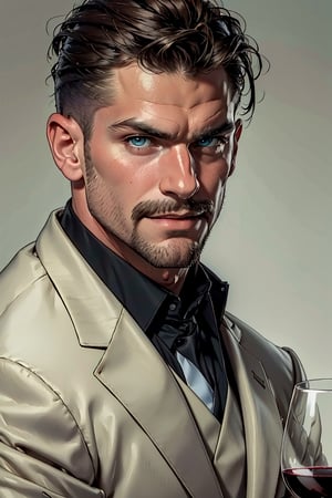 (howard_carlson:1.4),dc_comIcs,portrait,bara,(masterpiece:1.4),(best quality:1.3),(high quality:1.2),(hi-res:1.2),(absurdres:1.3),extremely beautiful detailed face and eyes,1man,solo,looking at viewer,smile,serious,smug,face,close-up,handsome,male focus,crew_cut,muscular male,(serious),gloom_(expression),bangs,beard,stubble,mustache,manly,short hair,facial hair,formal,suit,uniform,wine,wine glass,gentle,fatherly,mature male,colorful,GeeseHoward,(MkmCut)