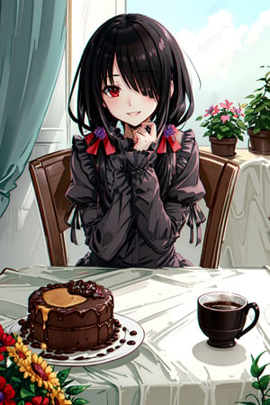masterpiece, best quality, highres, 1girl, cckurumi, long hair, low twintails, hair flower, hair over one eye, hair bow, gothic, black dress, ribbon, garden, smile, sitting, table, coffee,aakurumi