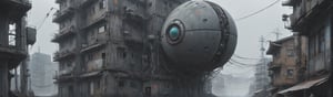 It generates a high-quality cinematic image by Simon Stålenhag, (panoramic view), sci-fi landscape, extreme details, ultra definition, extreme realism, high-quality lighting.

The viewer finds a small strange spherical high-tech artifact that crashed in a distopic cyberpunk downtown neighborhood, the doomsday has started, some intrincate detailed sci-fi futuristic buildings was built over the old buildings of a Japanese downtown neighborhood, from below.

(great composition), (aureal composition), (great art).
(scifi high tech), (mechanical aesthetic), (circuits in the walls), (High Tension Power Lines), (distopic future), (rust and decay), (mysterious alien's spaceships appear in the distance), (heavy machinery), (cyberpunk adjuncts), (wires and cables), (wind), (fog), (rich of depth).

(cinematic), (monochrome), (masterpiece), (8k), (best quality), (great artist), (realistic), (photo realistic), (fine details), (intrincate detailed), (muted colors)