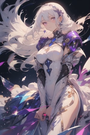 (masterpiece), best quality, high resolution, very detailed, white basic background perfect lighting, 1 girl, violet eyes, white hair, beautiful detailed eyes, tall, (beautifully detailed face, beautiful detailed eyes), expressionless face, detailled hands, cowboy_girl clothes,crystalline dress