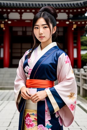 An 8K photo of an athletic 18 year old Japanese female model at a temple, wearing Kimono with traditional pattern.