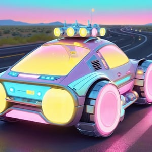 kawaiitech aesthetics , scifi kawaiitech car on the highway ,  glowing parts,   from a scifi futuristic kawaiitech world,  cute pastel colors and symbols,  glowing parts,  ((best quality)),  ((masterpiece)),  ((realistic,  digital art)),  (hyper detailed),  raytracing,  volumetric lighting,  Backlit,  Rim Lighting,  HDR,  styled form, 