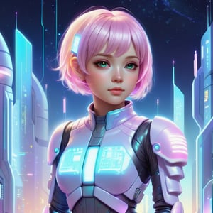 a female scholar at the city , short hair with glowing strands , ((( scifi futuristic kawaiitech world ))), cute pastel colors, fullbody, 
((best quality)), ((masterpiece)), ((realistic, digital art)), (hyper detailed),  raytracing , volumetric lighting, Backlit,Rim Lighting,  HDR, 