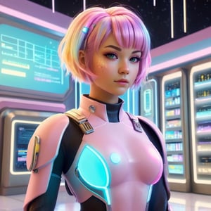 scifi kawaiitech female scholar at the mall , short hair with glowing strands , from a scifi futuristic kawaiitech world, cute pastel colors, fullbody, 
((best quality)), ((masterpiece)), ((digital art)), (hyper detailed),  raytracing , volumetric lighting, Backlit,Rim Lighting,  HDR, 