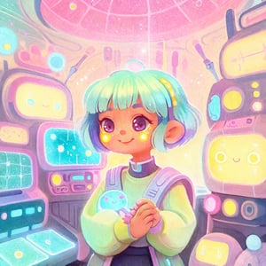 kawaiitech aesthetics,  scifi kawaiitech scholar female with a pixie cut,  glowing eyes,  light smile,  closed mouth,  from a scifi futuristic kawaiitech world,  cute pastel colors and symbols,  glowing parts,  ((best quality)),  ((masterpiece)),  ((realistic,  digital art)),  (hyper detailed),  raytracing,  volumetric lighting,  Backlit,  Rim Lighting,  HDR,  styled form,  soft natural skin 