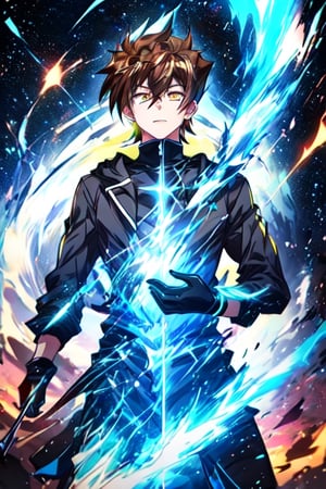 1 boy, alone, short hair, looking at viewer, upper body, yellow eyes, hair between eyes, brown hair, strong black battle suit, suit with neon blue light line, night, ((23 years old issei_hyoudou)), issei_hyoudou, defined and marked muscles, medium muscle, long sleeves, black gloves, tall man, broad shoulders, male focus, hoodie, blue aura, blue star, blue glow around