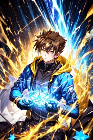 1 boy, alone, short hair, looking at viewer, upper body, yellow eyes, hair between eyes, brown hair, strong black battle suit, suit with blue light line, ((23 years old issei_hyoudou)), issei_hyoudou, defined and marked muscles, big muscle, long sleeves, black gloves, tall man, broad shoulders, male focus, hoodie, blue aura, blue star, blue glow around, blue sky, blue flash