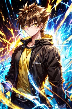 1 boy, alone, short hair, looking at viewer, upper body, yellow eyes, hair between eyes, brown hair, black shirt, ((23 years old issei_hyoudou)), issei_hyoudou, defined and marked muscles, big muscle, long sleeves, black gloves, tall man, broad shoulders, male focus, hoodie, black jacket, closed sweatshirt, bright blue radiating a bright BLUE light, immersing in intense blue tone energy, blue aura energy, passion