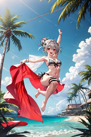 1 girl, alone, full body, suspended in the air, acrobatics, feet in the air, jump, High detail, masterpiece, best quality, 8K, high resolution, masterpiece, best quality, ultra detailed, illustration, smile, :D , medium chest, hair decoration, red eyes, hair between the eyes, gray hair, bun, necklace, a single necklace, bangs party, beach, palm trees, legs, thigh, hair up, bun at the nape of the neck, simple bun, two-tonal hair with black and white stripes, hair with black and white stripes, bikini