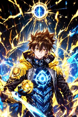1 boy, alone, short hair, looking at viewer, upper body, yellow eyes, hair between eyes, brown hair, strong black battle suit, suit with blue light line, ((23 years old issei_hyoudou)), issei_hyoudou, defined and marked muscles, big muscle, long sleeves, black gloves, tall man, broad shoulders, male focus, hoodie, blue aura, blue star, blue glow around, blue sky, blue flash