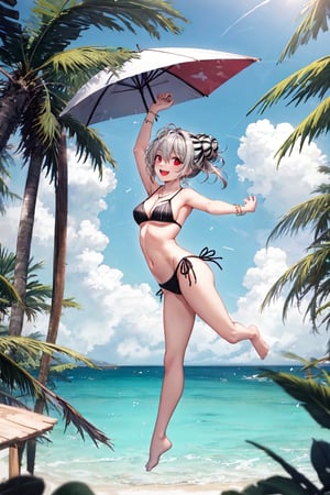 1 girl, alone, full body, acrobatics, High detail, masterpiece, best quality, 8K, high resolution, masterpiece, best quality, ultra detailed, illustration, smile, :D, medium chest, hair decoration, red eyes, hair between the eyes, gray hair, bun, necklace, a single necklace, party bangs, beach, palm trees, legs, thigh, hair up, bun at the nape of the neck, simple bun, two-tonal hair with black and white stripes, hair with black and white stripes white bikini