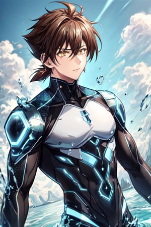 1 boy, alone, High detail, masterpiece, best quality, 8K, high resolution, masterpiece, best quality, ultra detailed, illustration, short hair, looking at viewer, upper body, yellow eyes, hair between eyes, hair chestnut, black adjustable battle suit, ((23 years old issei_hyoudou)), issei_hyoudou, defined and marked muscles, big muscle, long sleeves, black gloves, tall man, broad shoulders, male focus, bright blue radiating bright, deep BLUE light blue tone energy immersion, blue aura energy, passion, aura ki, CLOUD, ledarraytech