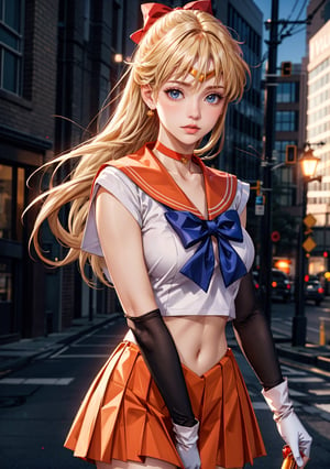 lora:sailor_venus_v2:0.7,1girl, standing,posing for a picture,cowboy shot,sv1,light blonde long hair,sailor senshi uniform,orange skirt,elbow gloves,tiara,orange sailor collar,red bow,orange choker,white gloves,jewelry,outdoors,day,city,
masterpiece,best quality,highres,photorealistic,realistic,extremely detailed 8k wallpaper,highest detailed,8k,HDR,ultra detailed,professional light,cinematic lighting,fashion photography,ambient lighting,face lighting,