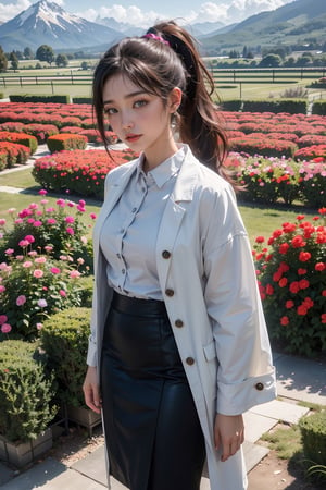 best quality,HDR,UHD,8K,Vivid Colors,solo,front view,photo_(medium),(1girl:1.3),(looking at viewer:1.4),ponytail,,standing,outside,sky,mountain,flower,, rc,pencil skirt,coat,shirt,