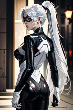 ((ultra detailed, masterpiece, absurdres)) lora:SpiderBlackCat:0.9, SpiderBlackCat, 1girl, white hair, long hair, mask, Back turned with a contemplative mood,SpiderBlackCat