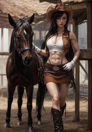 ((masterpiece, best quality, detailed:1.5)), ((perfect face)), ((photorealistic:1.3)), highly detailed face, ((beautiful:1.2)), Tifa Lockheart, ((Tifa Lockheart standing next to horse)), ((horse:1.3)), horse cock, (looking at viewer), ((sexy)), ((young)), ((18 year old)), ((parted lips:1.4)), ((muscular:1.2)), (ripped abs), navel, very long black hair, (swept bangs), ((very skinny:1.5)), hatTifa, ((cowboy hat)), (brown vest), white shirt, black gloves, (brown micro miniskirt), cowboy boots, large belt, (red eye color), countryside, underbelly, light rays, lora:tifa-nvwls-v1:1
,defTifa