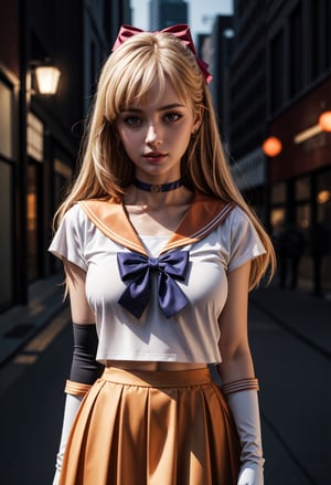 lora:sailor_venus_v2:0.7,1girl,standing,posing for a picture,cowboy shot,sv1,light blonde long hair,sailor senshi uniform,orange skirt,elbow gloves,tiara,orange sailor collar,red bow,orange choker,white gloves,jewelry,outdoors,night,city,
masterpiece,best quality,highres,photorealistic,realistic,extremely detailed 8k wallpaper,highest detailed,8k,HDR,ultra detailed,professional light,cinematic lighting,fashion photography,ambient lighting,face lighting,