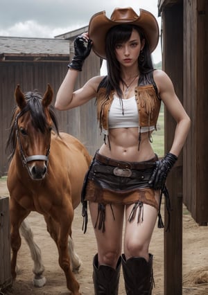 ((masterpiece, best quality, detailed:1.5)), ((perfect face)), ((photorealistic:1.3)), highly detailed face, ((beautiful:1.2)), Tifa Lockheart, ((Tifa Lockheart standing next to horse)), ((horse:1.3)), horse cock, (looking at viewer), ((sexy)), ((young)), ((18 year old)), ((parted lips:1.4)), ((muscular:1.2)), (ripped abs), navel, very long black hair, (swept bangs), ((very skinny:1.5)), hatTifa, ((cowboy hat)), (brown vest), white shirt, black gloves, (brown micro miniskirt), cowboy boots, large belt, (red eye color), countryside, underbelly, light rays, lora:tifa-nvwls-v1:1
,defTifa