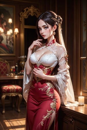 red wedding dress,  ,  detailed embroidery,  silky fabric,  flowing skirt,  elaborate lace,  sweetheart neckline,  fitted bodice,  long train,  elegant design,  feminine silhouette,  romantic atmosphere,  alluring charm,  glamorous,  exquisite craftsmanship,  luxurious material,  intricate beading,  deep red color,  passionate allure,  radiant beauty,  sensual elegance,  breathtaking,  enchanting,  fairytale-like,  regal,  showstopper,  mesmerizing,  captivating,  timeless,  high-quality,  high-resolution,  expertly captured,  professional photography,  vibrant colors,  soft lighting, hanfu, qingsha,  Hyung Tae Kim,,,