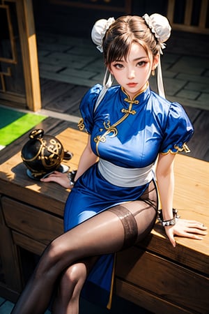 (ultra realistic,32k, masterpiece:1.2),(high detailed skin:1.1),( high quality:1.1),
lora:chun li v2-lora-nochekaiser:0.8, chun li, brown eyes, brown hair, (bun cover:1.5), double bun, eyeliner, hair bun, lipstick, makeup, pink lips,blue dress, boots, bracelet, brown pantyhose, china dress, chinese clothes, cross-laced footwear, dress, gold trim, jewelry, pantyhose, pelvic curtain, puffy sleeves, sash, short sleeves, side slit, spiked bracelet, spikes, white footwear,,(looking at viewer, sitting, crossed legs, from above:1.1),, small breast, lora:add_detail:0.91,
(neon light:1.1),  shaolin temple,monastery ,  china themed, blurry background,
