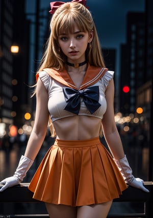lora:sailor_venus_v2:0.7,1girl,standing,posing for a picture,cowboy shot,sv1,blonde long hair,sailor senshi uniform,orange skirt,elbow gloves,tiara,orange sailor collar,red bow,orange choker,white gloves,jewelry,outdoors,night,city,
masterpiece,best quality,highres,photorealistic,realistic,extremely detailed 8k wallpaper,highest detailed,8k,HDR,ultra detailed,professional light,cinematic lighting,fashion photography,ambient lighting,face lighting,