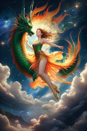 (masterpiece,best quality,ultra-detailed,8K,),high detail,dragonyear, dragon: 1.3, 
a woman in a dress flying through the air, magical fairy floating in space, fairy cgsociety, very beautiful fantasy art, 