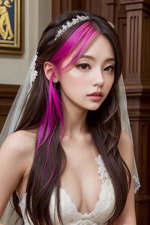 (masterpiece, best quality), 1girl, long hair, brown hair,  church  bridal,
,phlg,  black hair,  pink highlight